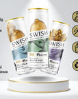 SWISH Zero Range 355ml cans – Pina Colada Spritz, Key Lime Mojito Fizz, and Naughty Passion Martini Spritz – displayed on a pedestal with icons highlighting product benefits.