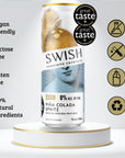 Multi Award Winning, SWISH Pina Colada Spritz 0% Alc Vol 355ml can displayed on a pedestal with icons highlighting product benefits.