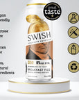 Award winning, SWISH Marmalade On Toast Breakfast Fizz 0% Alc Vol 355ml can displayed on a pedestal with icons highlighting product benefits.