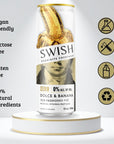 SWISH Dolce & Banana Old Fashioned Fizz 0% Alc Vol 355ml can displayed on a pedestal with icons highlighting product benefits