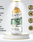 SWISH Key Lime Pie Mojito Fizz 0% Alc Vol 355ml can displayed on a pedestal with icons highlighting product benefits.