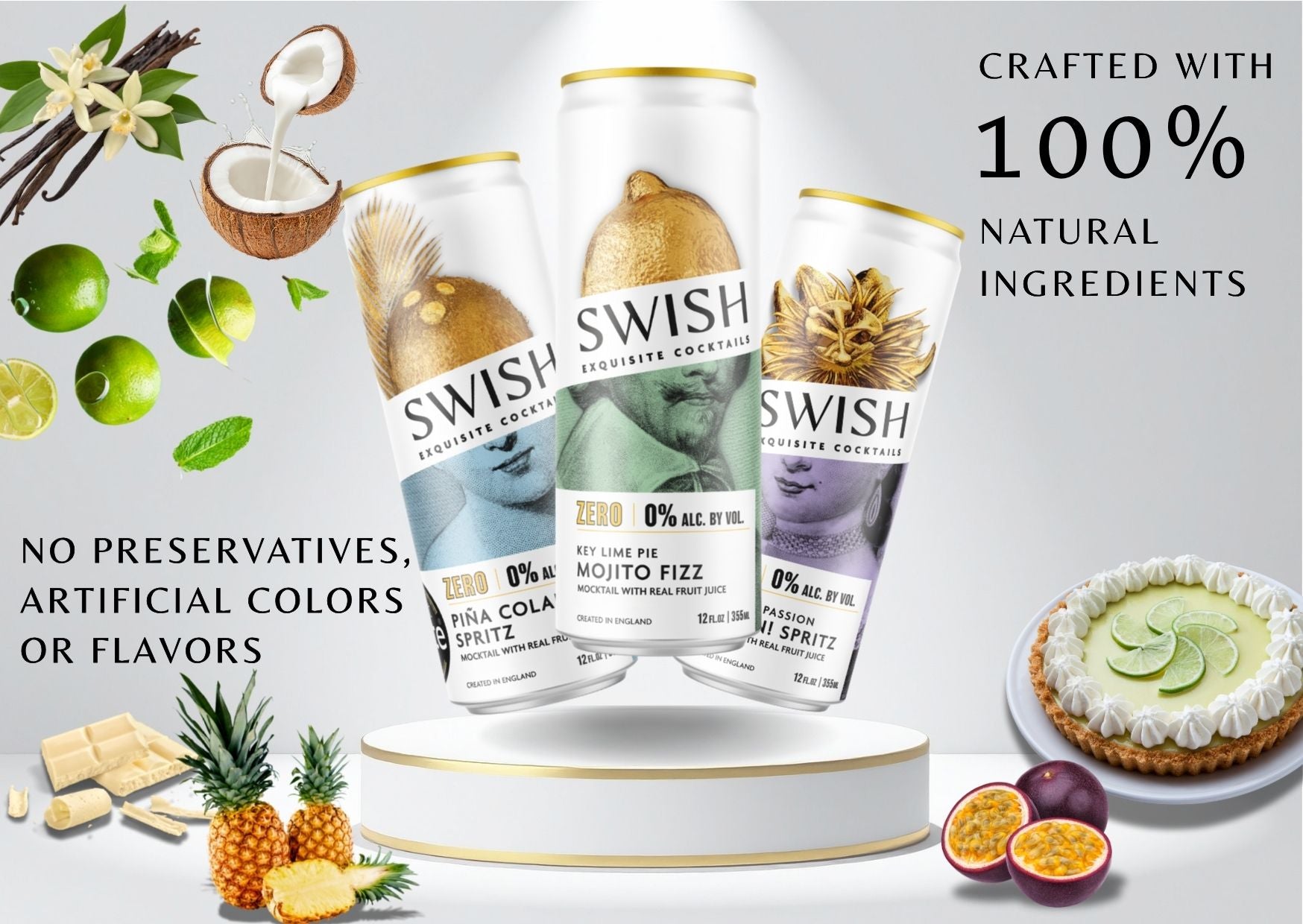 SWISH Exquisite Cocktails – Zero Range 355ml cans crafted with 100% natural ingredients, no preservatives, artificial colors, or flavors. Premium ready-to-drink cocktails inspired by real fruits and botanicals