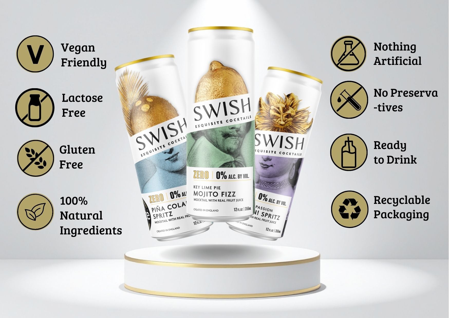 SWISH Zero Range 355ml cans – Pina Colada Spritz, Key Lime Mojito Fizz, and Naughty Passion Martini Spritz – displayed on a pedestal with icons highlighting product benefits.