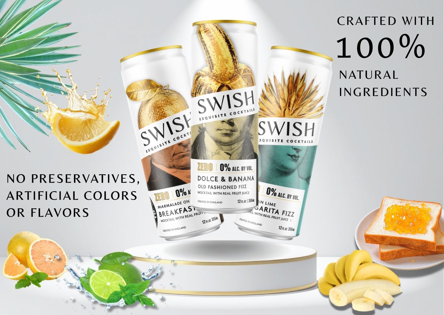 SWISH Exquisite Cocktails – Zero Range 355ml cans crafted with 100% natural ingredients, no preservatives, artificial colors, or flavors. Premium ready-to-drink cocktails inspired by real fruits and botanicals