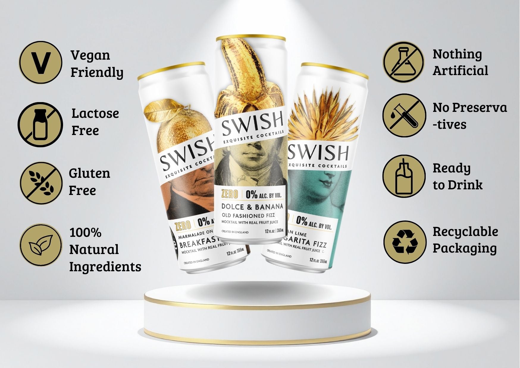 SWISH Zero Range 355ml cans – Marmalade On Toast Breakfast Fizz, Dolce &amp; Banana Old Fashioned Fizz, and Brazilian Lime Margarita Fizz, – displayed on a pedestal with icons highlighting product benefits.
