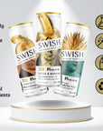 SWISH Zero Range 355ml cans – Marmalade On Toast Breakfast Fizz, Dolce & Banana Old Fashioned Fizz, and Brazilian Lime Margarita Fizz, – displayed on a pedestal with icons highlighting product benefits.