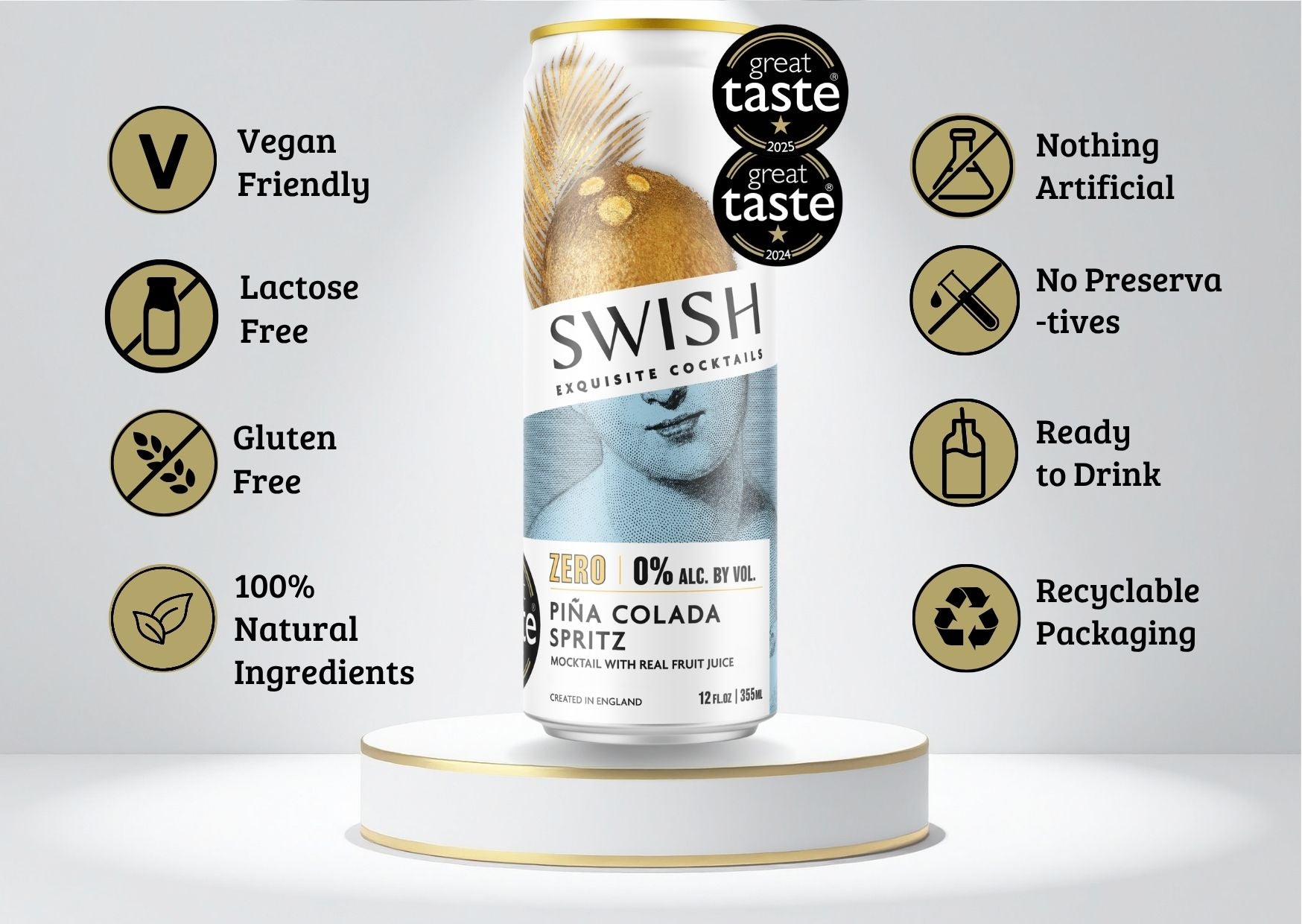 Multi Award Winning, SWISH Pina Colada Spritz 0% Alc Vol 355ml can displayed on a pedestal with icons highlighting product benefits.
