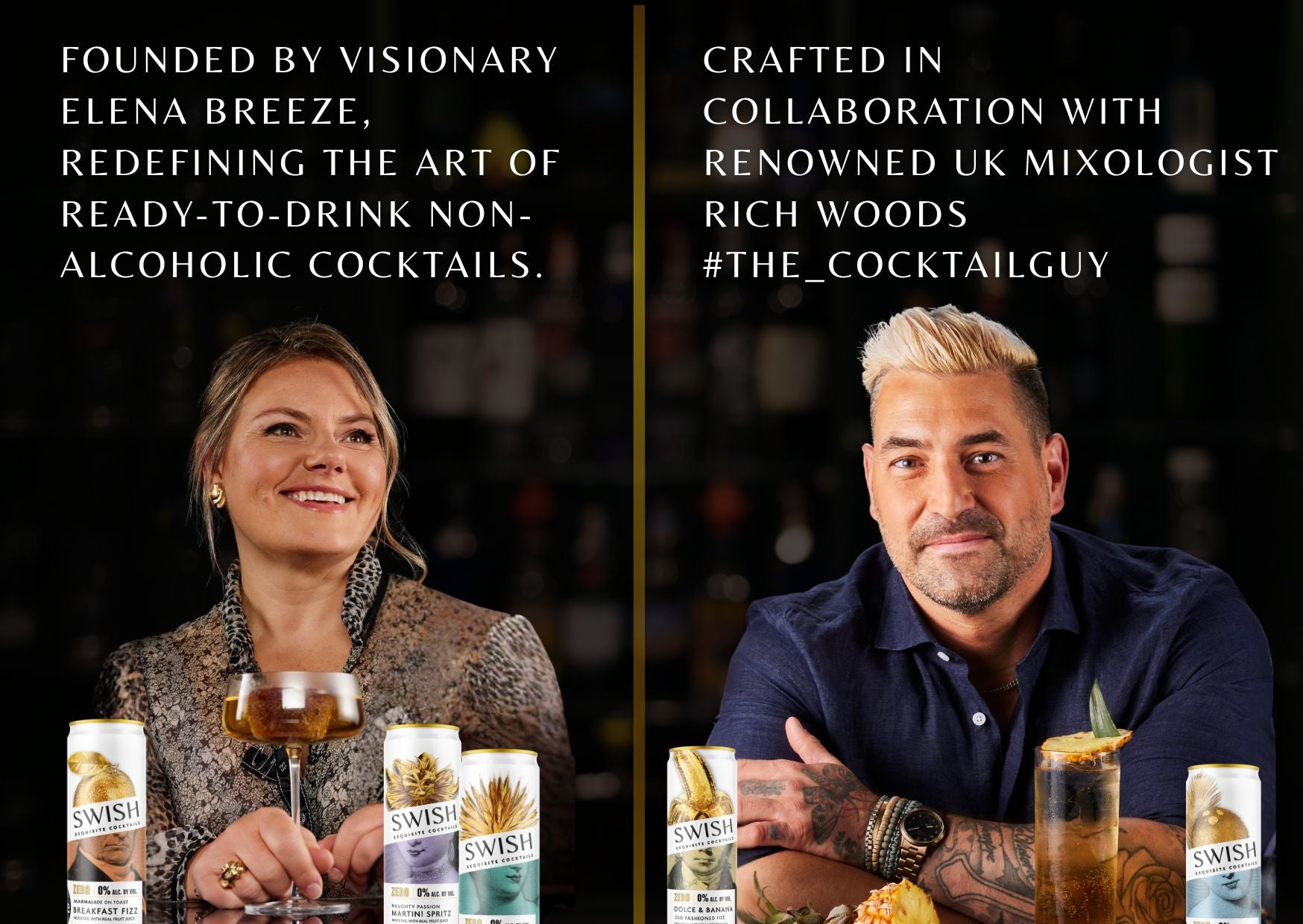 SWISH Cocktails founder Elena Breeze and mixologist Rich Woods, captured with SWISH’s signature ready-to-drink cocktails, symbolizing innovation and craftsmanship.