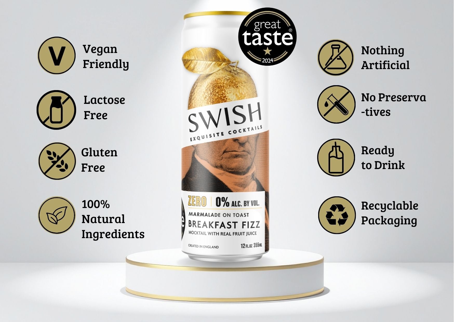 Award winning, SWISH Marmalade On Toast Breakfast Fizz 0% Alc Vol 355ml can displayed on a pedestal with icons highlighting product benefits.