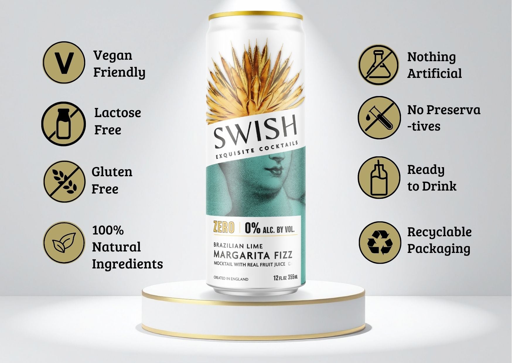 SWISH Brazilian Lime Margarita Fizz 0% Alc Vol 355ml can displayed on a pedestal with icons highlighting product benefits.