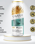 SWISH Brazilian Lime Margarita Fizz 0% Alc Vol 355ml can displayed on a pedestal with icons highlighting product benefits.