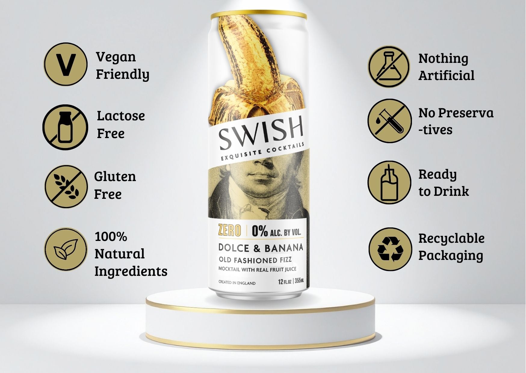 SWISH Dolce &amp; Banana Old Fashioned Fizz 0% Alc Vol 355ml can displayed on a pedestal with icons highlighting product benefits