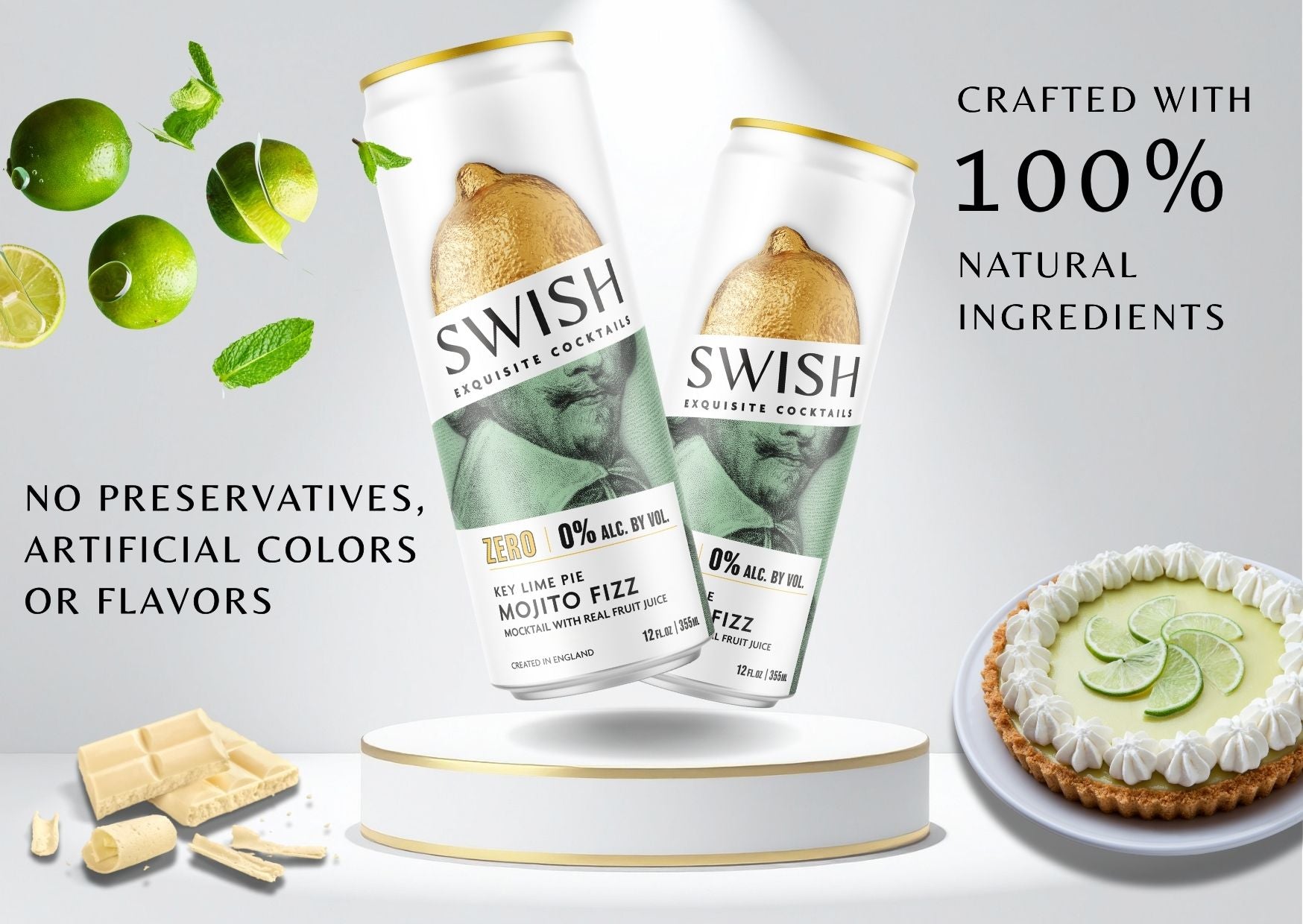 SWISH Exquisite Cocktails – Zero Range 355ml cans crafted with 100% natural ingredients, no preservatives, artificial colors, or flavors. Premium ready-to-drink cocktails inspired by real fruits and botanicals
