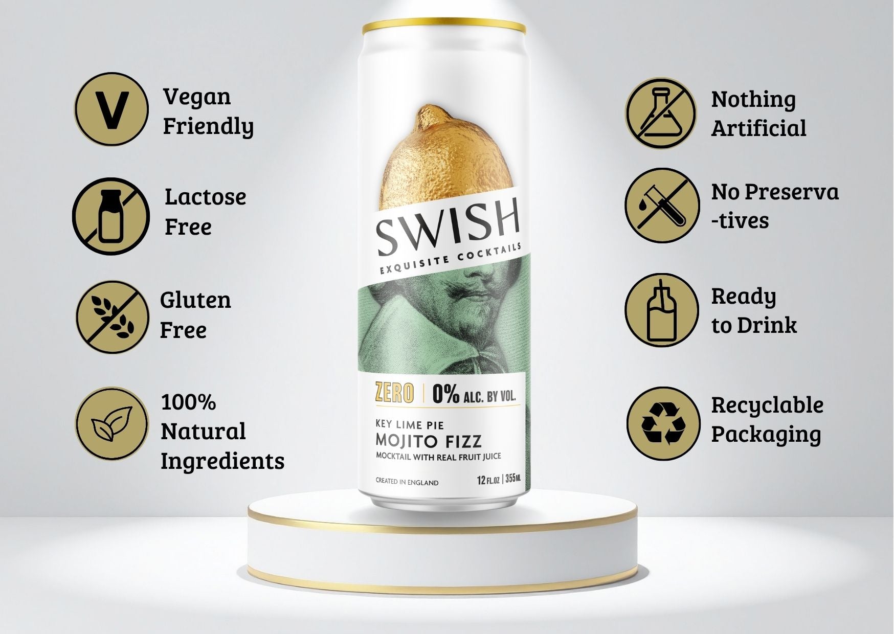 SWISH Key Lime Pie Mojito Fizz 0% Alc Vol 355ml can displayed on a pedestal with icons highlighting product benefits.