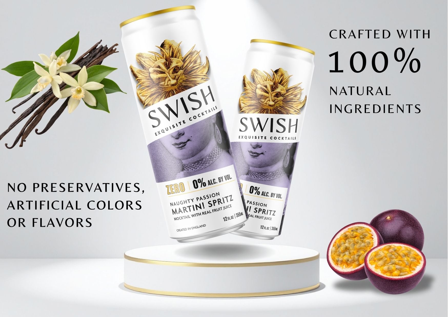 SWISH Exquisite Cocktails – Zero Range 355ml cans crafted with 100% natural ingredients, no preservatives, artificial colors, or flavors. Premium ready-to-drink cocktails inspired by real fruits and botanicals