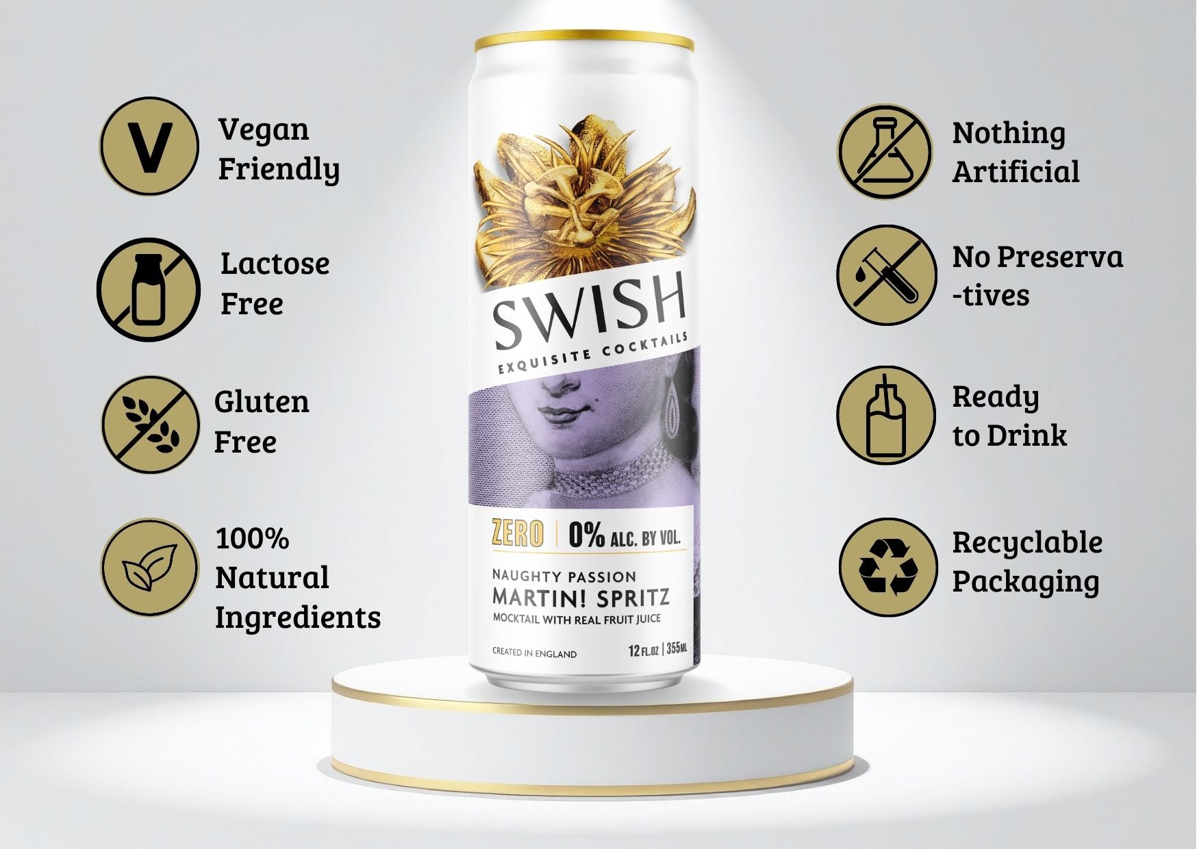 SWISH Naughty Passion Martini Spritz 0% Alc Vol 355ml can displayed on a pedestal with icons highlighting product benefits.