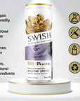 SWISH Naughty Passion Martini Spritz 0% Alc Vol 355ml can displayed on a pedestal with icons highlighting product benefits.