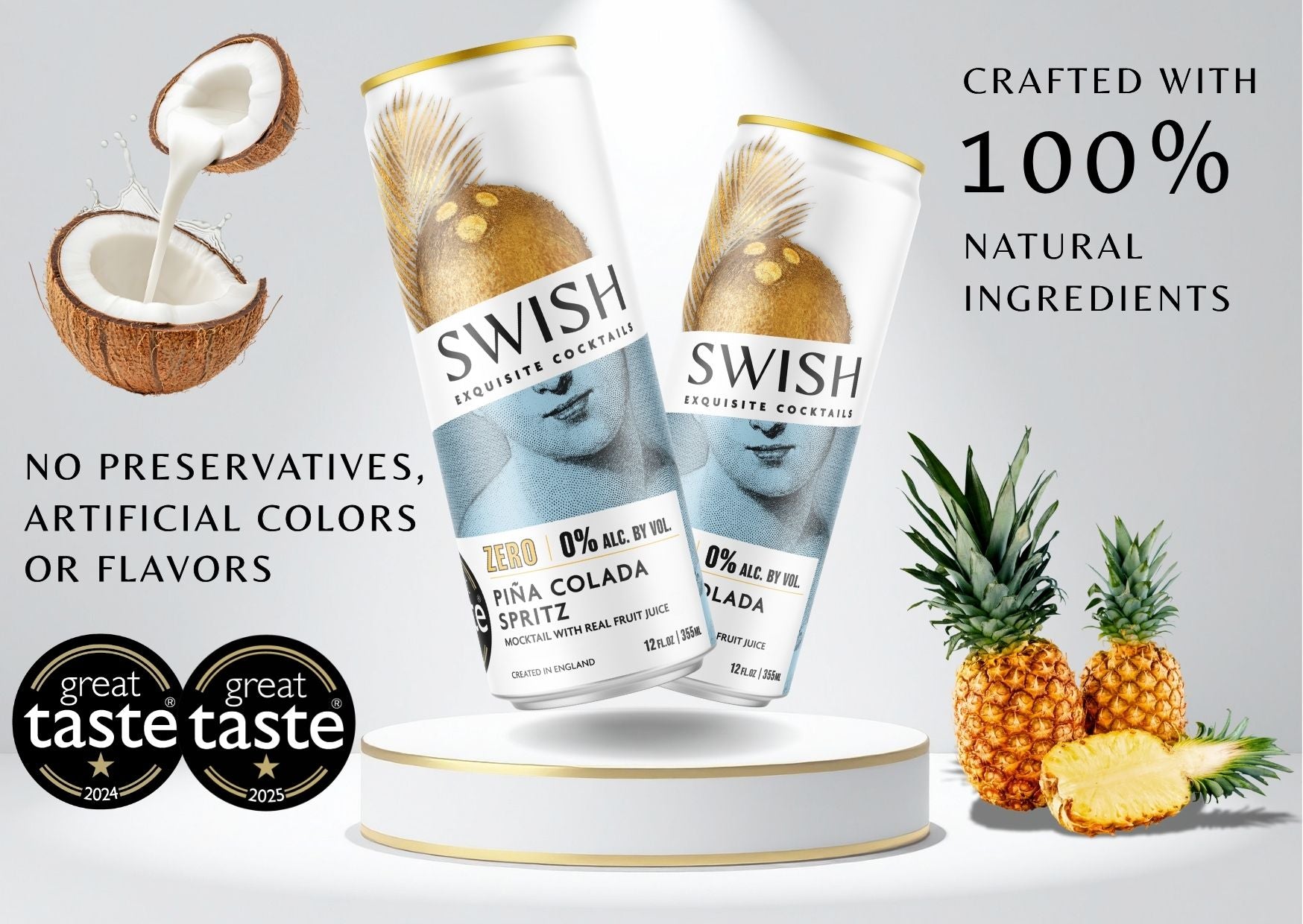 SWISH Exquisite Cocktails – Zero Range 355ml cans crafted with 100% natural ingredients, no preservatives, artificial colors, or flavors. Premium ready-to-drink cocktails inspired by real fruits and botanicals
