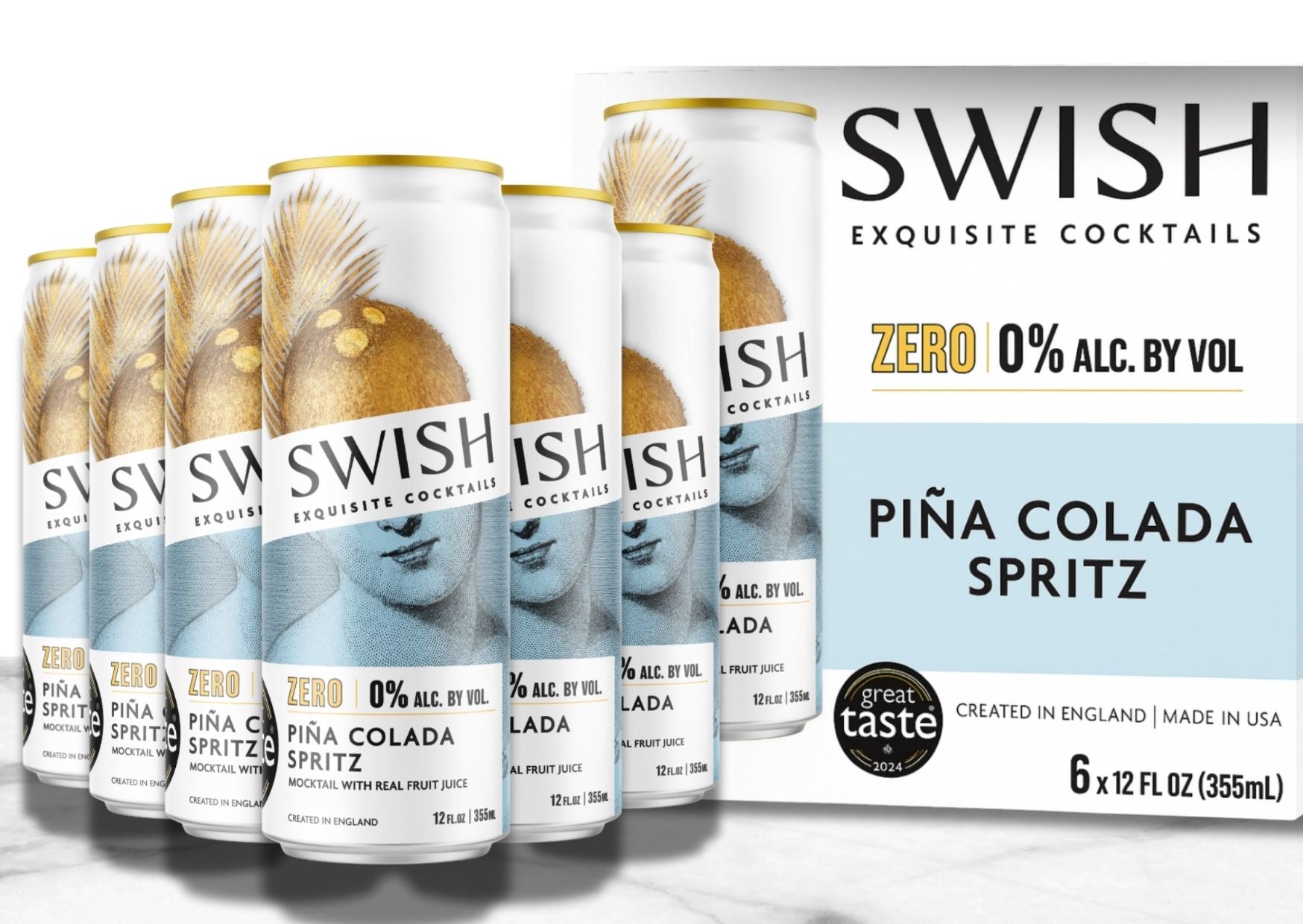 SWISH Pina Colada Spritz 0% Alc Vol 355ml cans – 6-Pack with branded box.