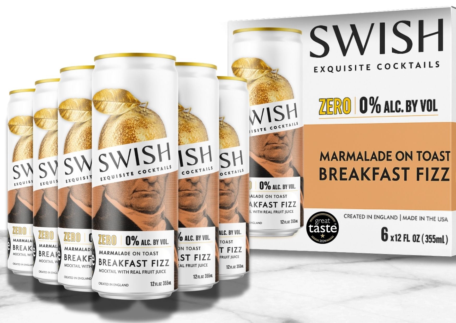 SWISH Marmalade On Toast Breakfast Fizz 0% Alc Vol 355ml cans – 6-Pack with branded box.