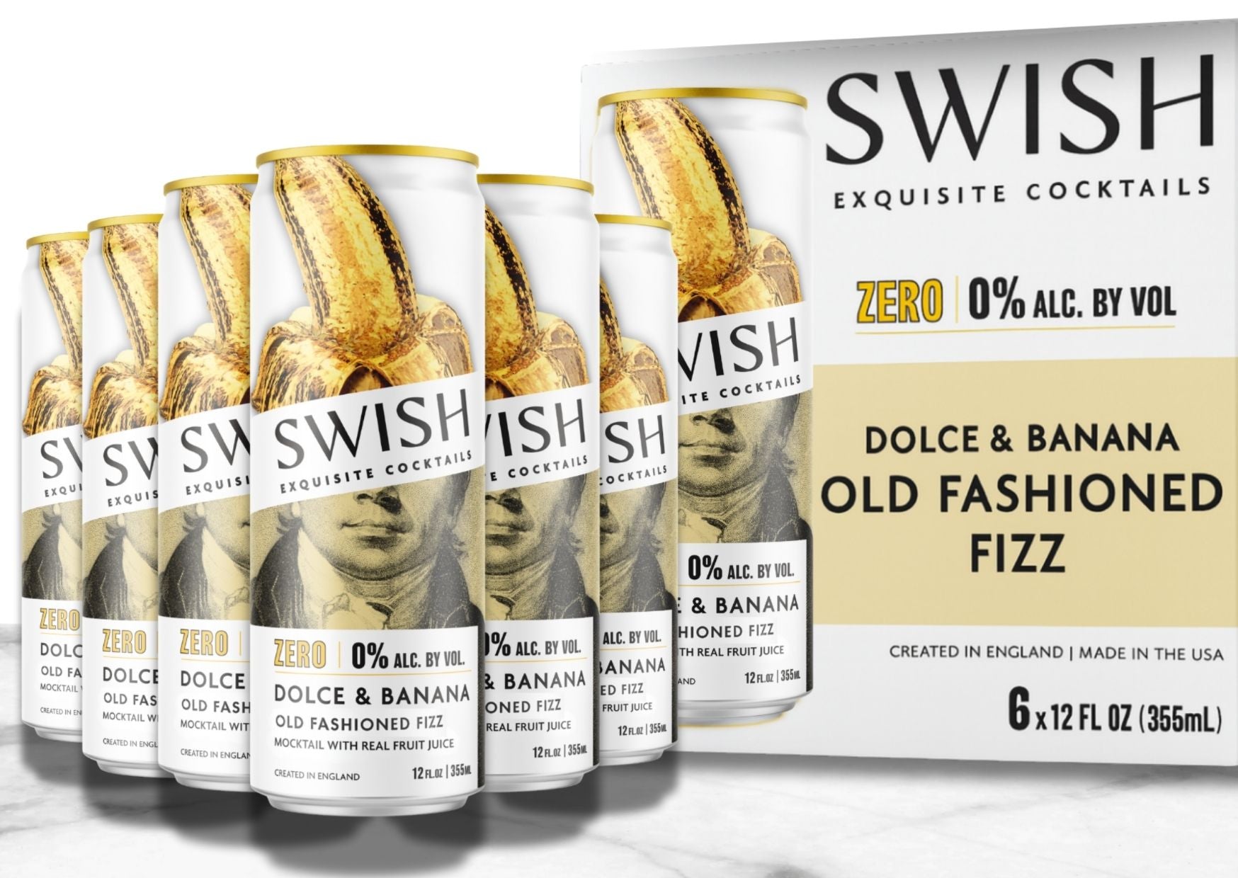SWISH Dolce &amp; Banana Old Fashioned Fizz 0% Alc Vol 355ml cans – 6-Pack with branded box.