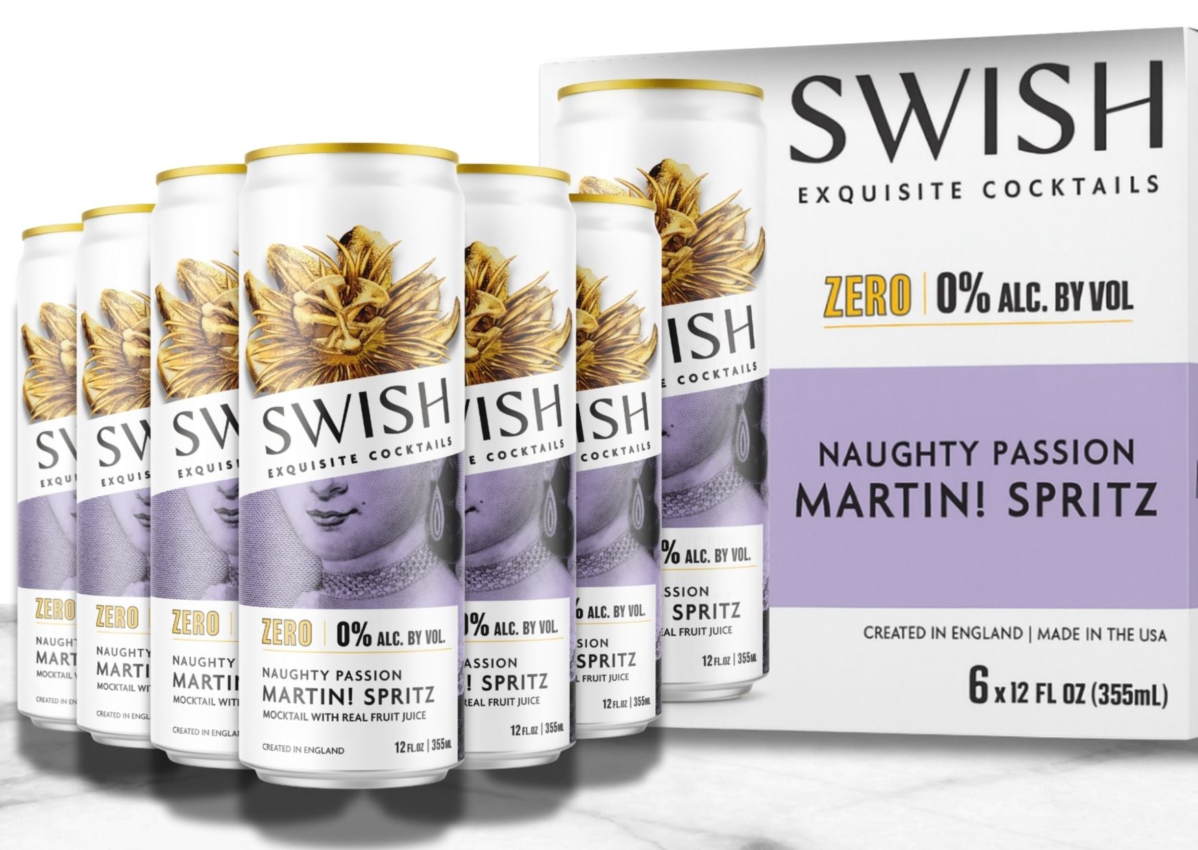 SWISH Naughty Passion Martini Spritz 0% Alc Vol 355ml cans – 6-Pack with branded box.